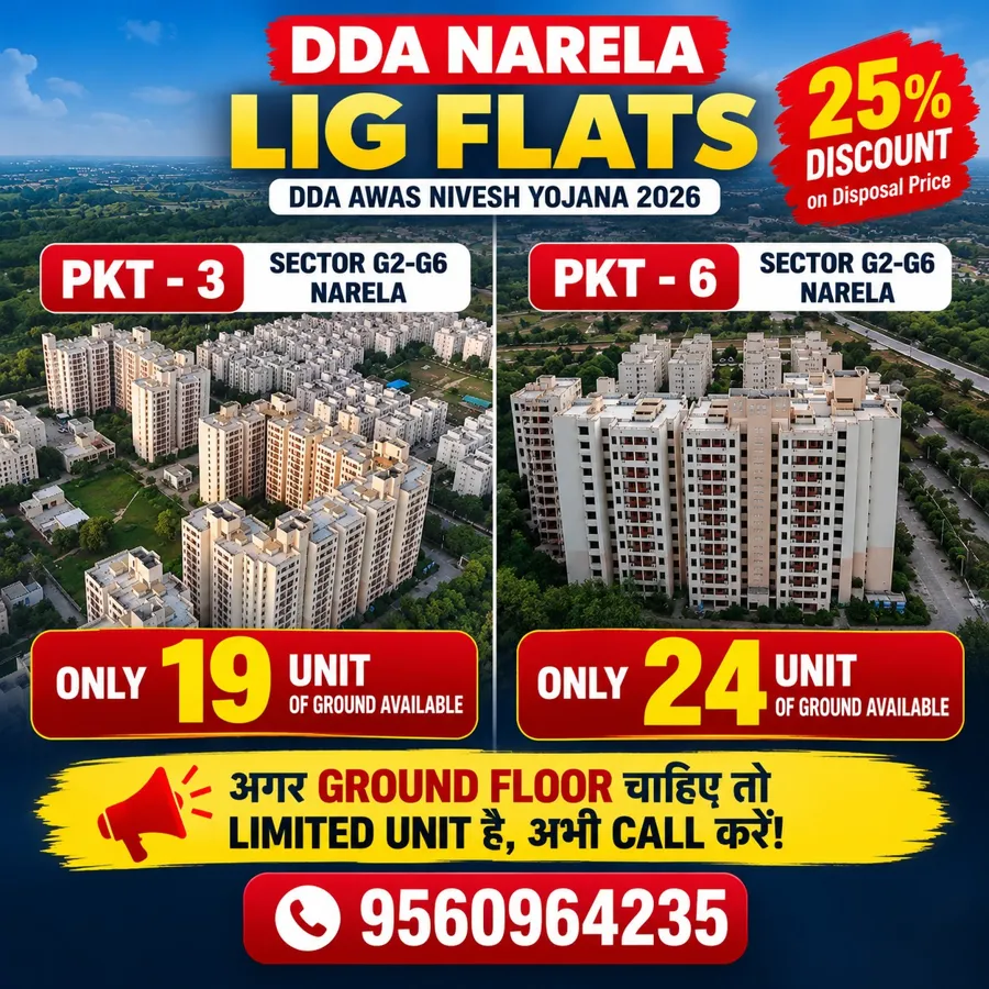 DDA Awas Nivesh Yojana 2026 Narela Sector G2-G6 ground floor LIG flat: Pocket-3 mein 19 aur Pocket-6 mein 24 unit