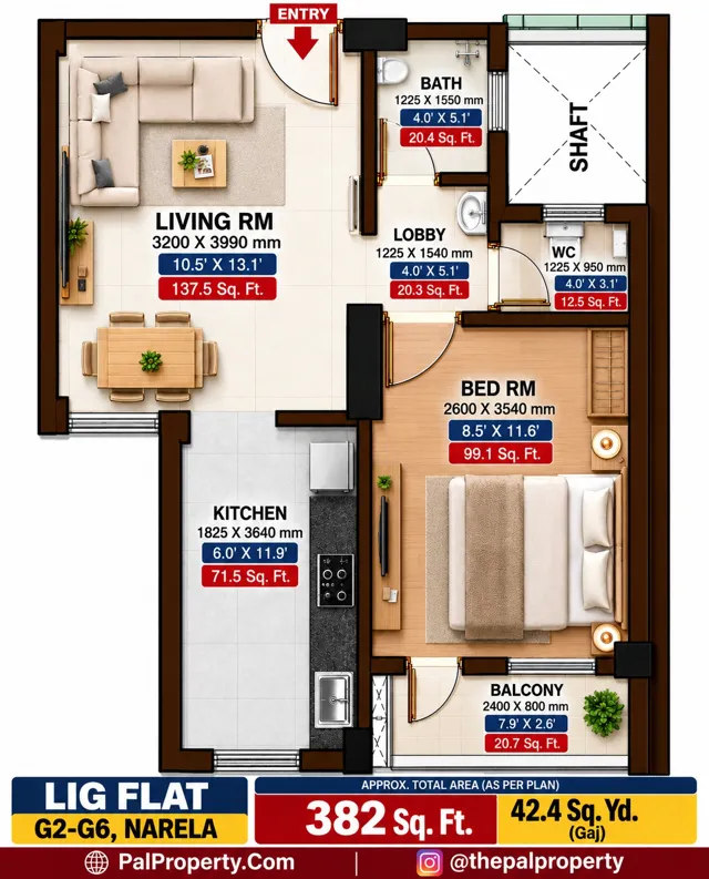 DDA Narela Sector G2-G6 LIG 1BHK flat ka floor plan (naksha) — living room, bedroom, kitchen, alag bath aur WC, balcony