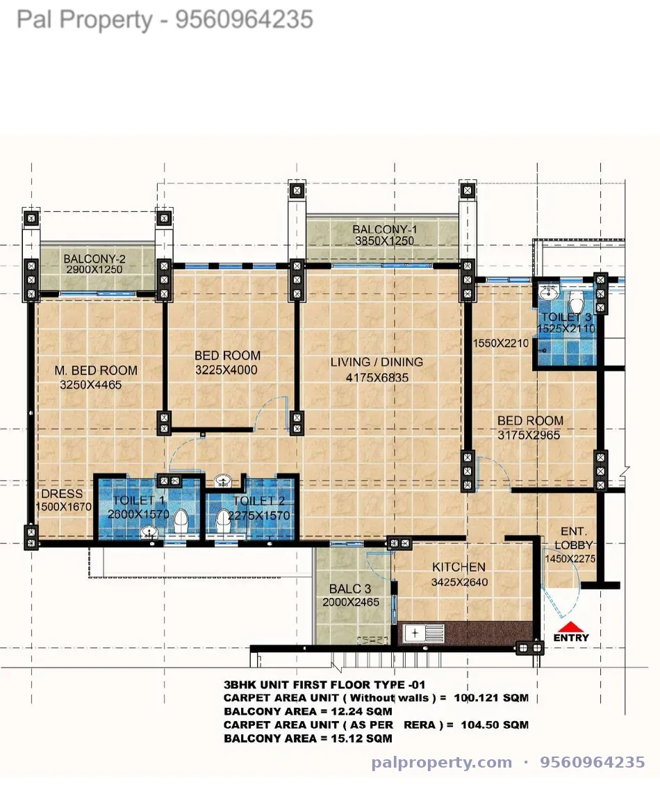 HIG 3BHK floor plan Type 1