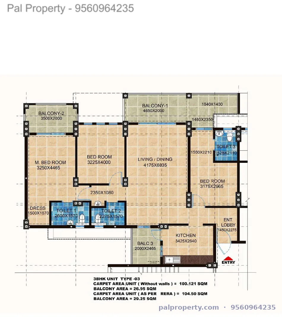 HIG 3BHK floor plan Type 3