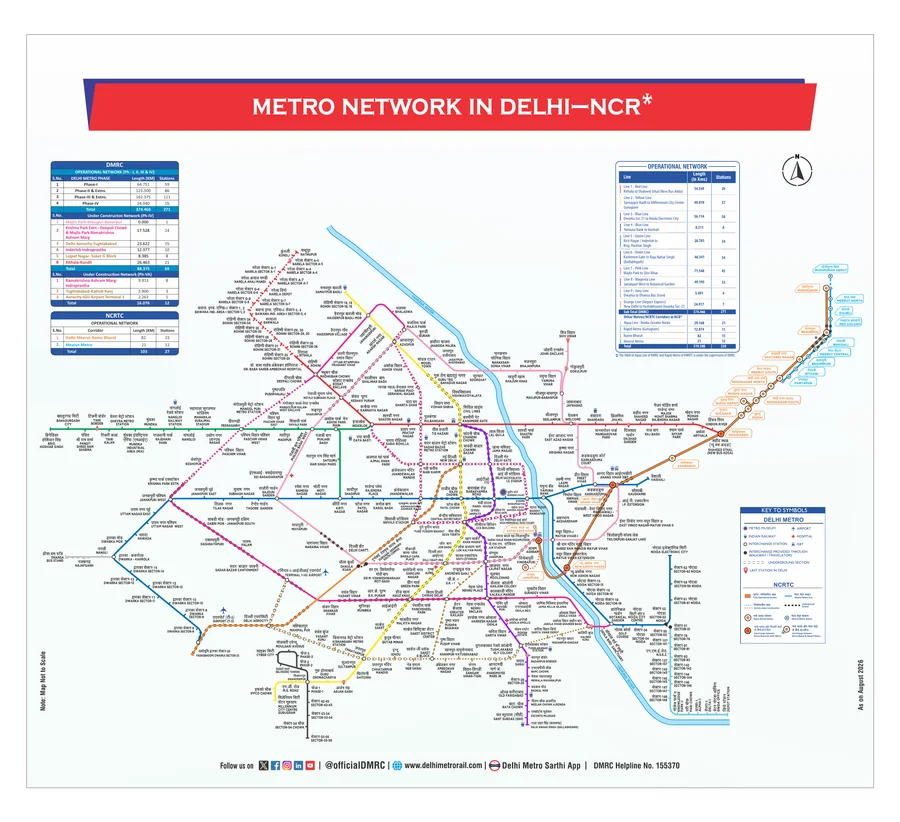 Delhi NCR Metro Network Map August 2026 — DMRC official, Rithala-Kundli corridor Narela